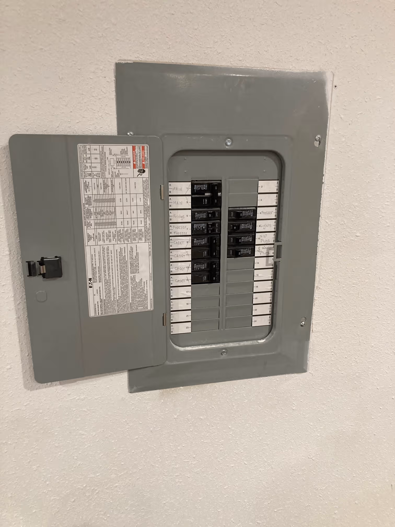 Electrical subpanel with circuit breakers and organized wiring installed for additional electrical circuits