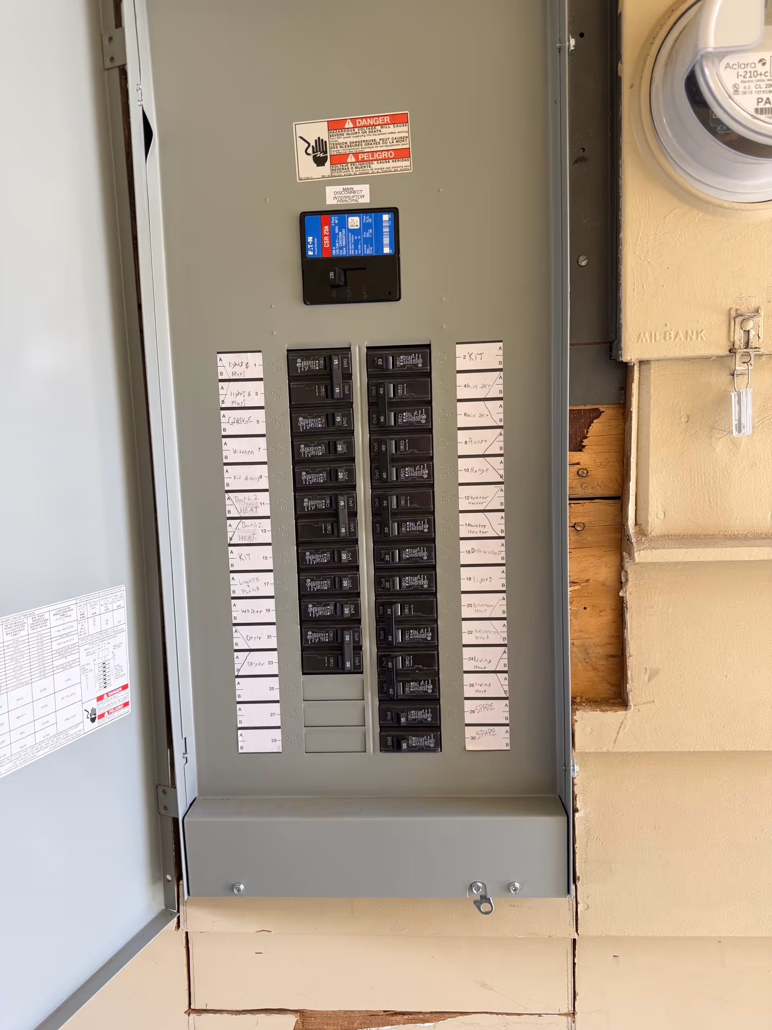 Residential electrical panel with labeled dedicated circuits for appliances and home equipment