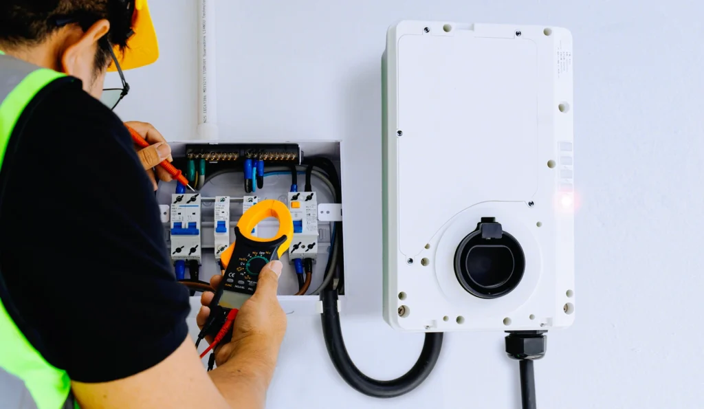 Electrical Load Evaluation for EV Charger Installation Electrician testing an electrical panel beside an EV charger during an electrical load evaluation